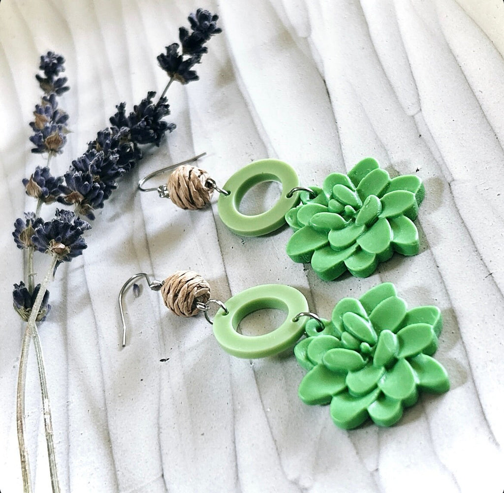 Handmade Clay Succulent Dangle Earrings, Green and Brown Raffia Dangles, Long Lightweight Boho Jewelry