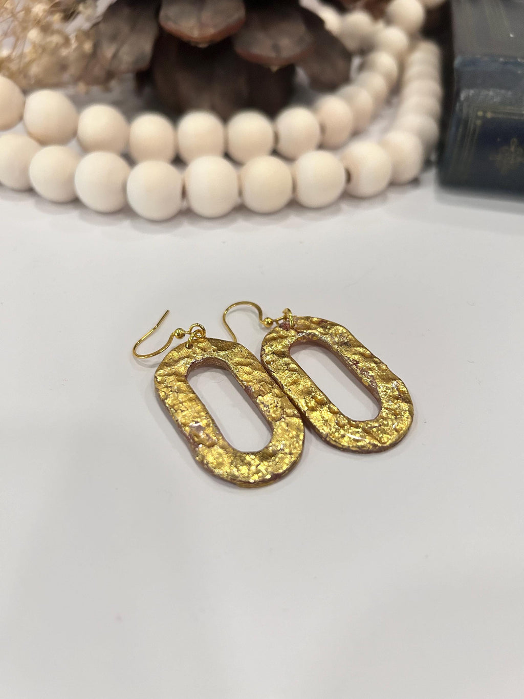 Handmade Hammered Gold Clay Earrings: Boho Dangle, Stainless Steel Studs