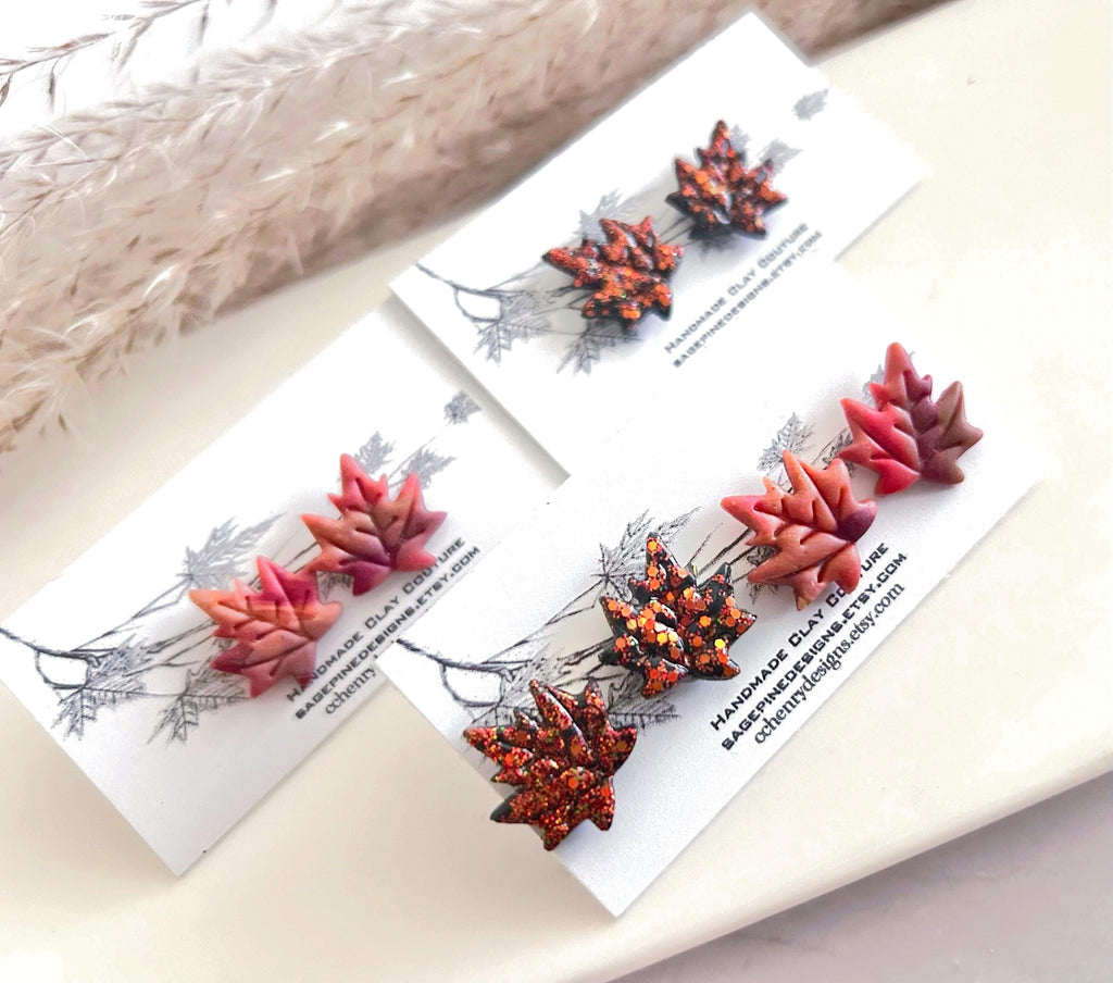 Red Maple Fall Leaf Stud Earrings, Glitter Clay Studs Set, Fire Sparkly Handmade Post