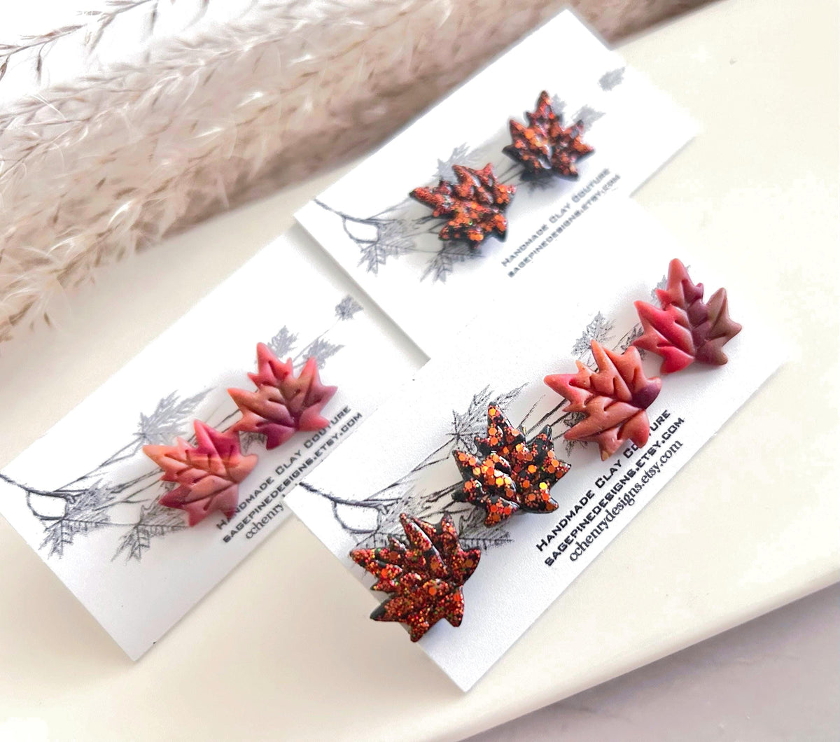 Red Maple Fall Leaf Stud Earrings, Glitter Clay Studs Set, Fire Sparkly Handmade Post