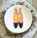 Orange Surfboard Clay Earrings, Handmade Boho Vacation Jewelry, Sunset Dangles
