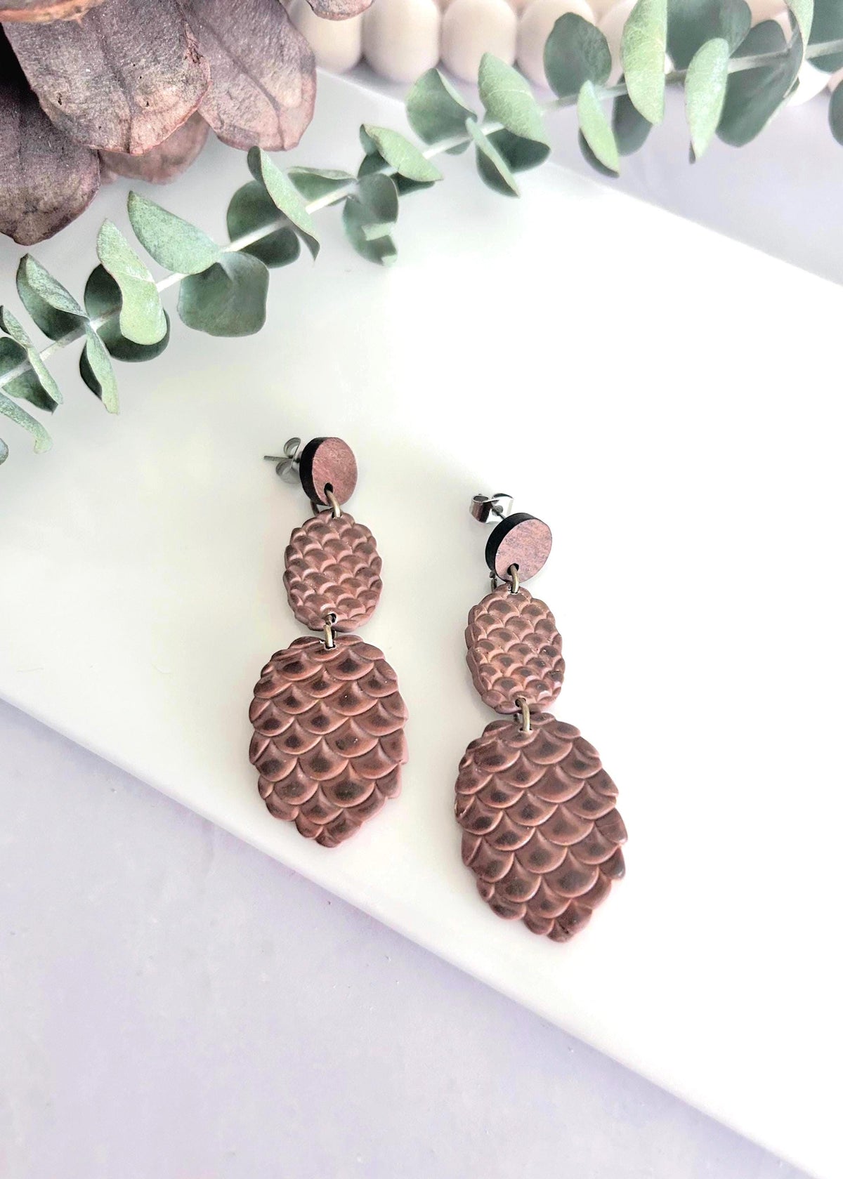 Handmade Pine Cone Statement Stud Dangle Earrings: Wood & Clay Fall Boho Jewelry
