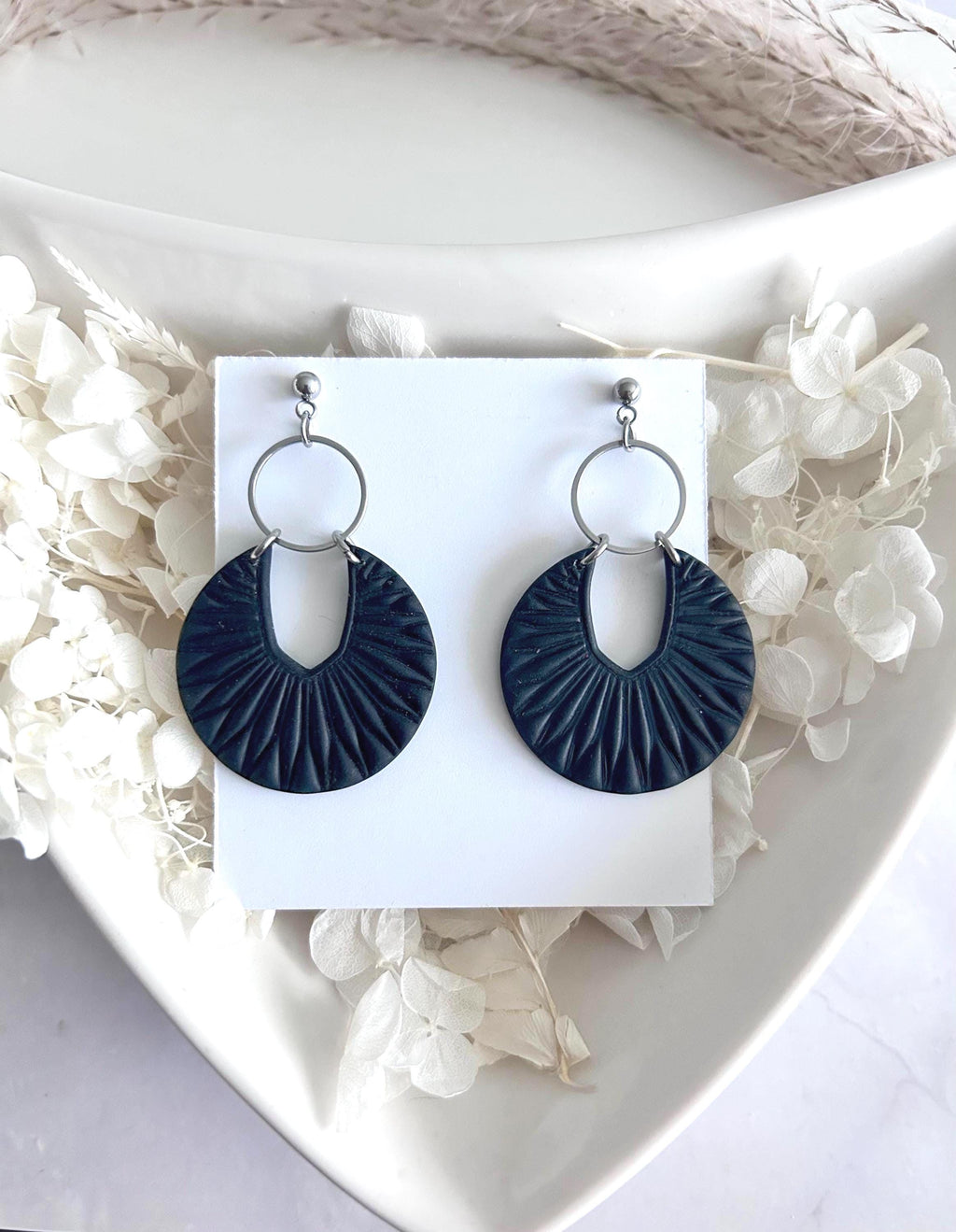 Matte Red Boho Earrings, Black and Gold Hoop Dangles, Handmade Clay Jewelry Gift