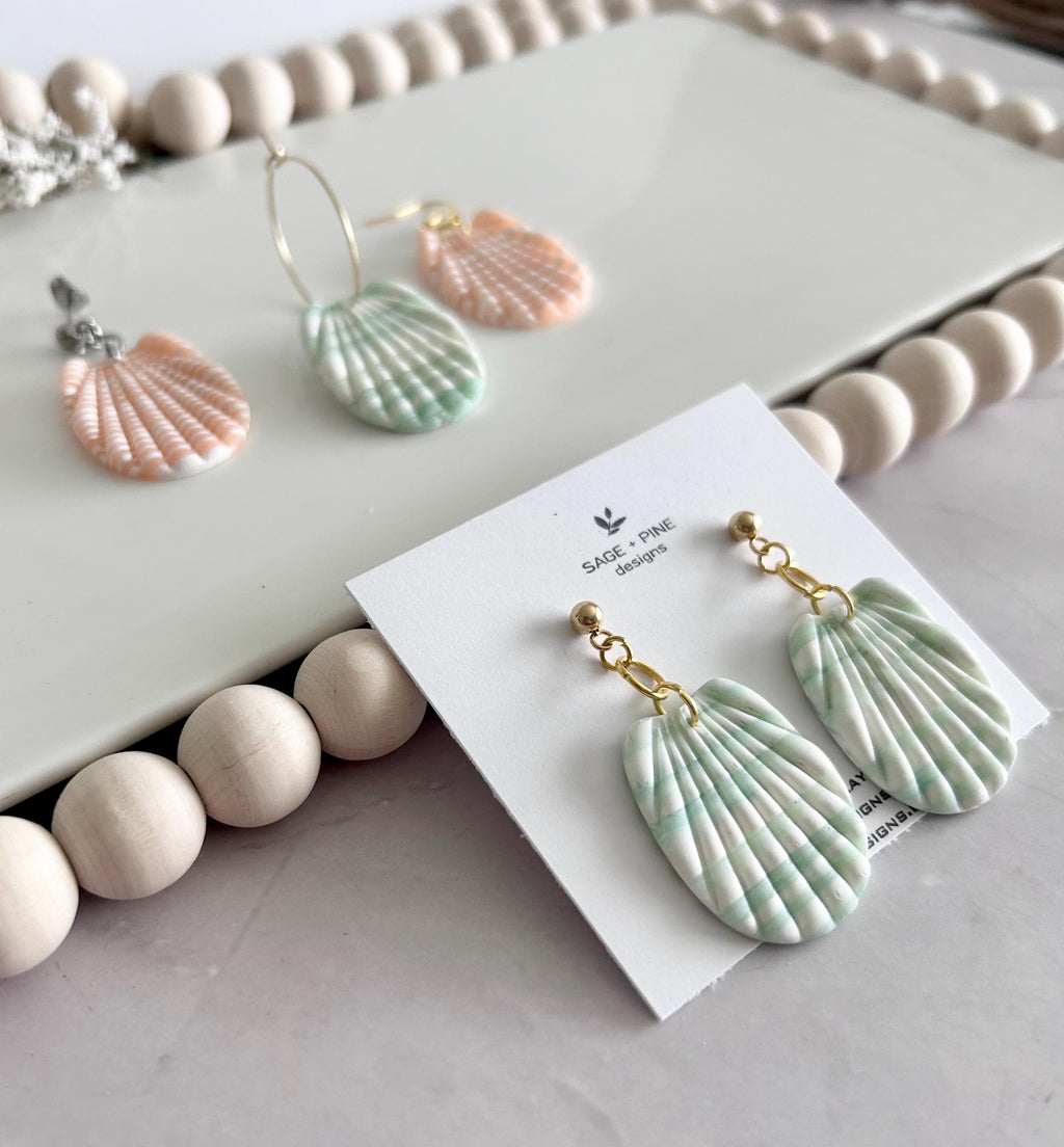 Mint Green Shell Earrings, Coral Peach and White Seashell Dangles, Coastal Vacation Dangles Beach Jewelry
