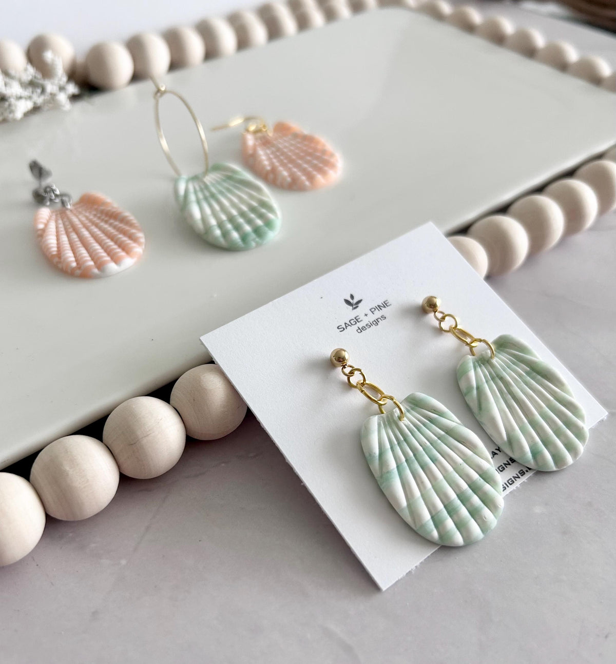 Mint Green Shell Earrings, Coral Peach and White Seashell Dangles, Coastal Vacation Dangles Beach Jewelry