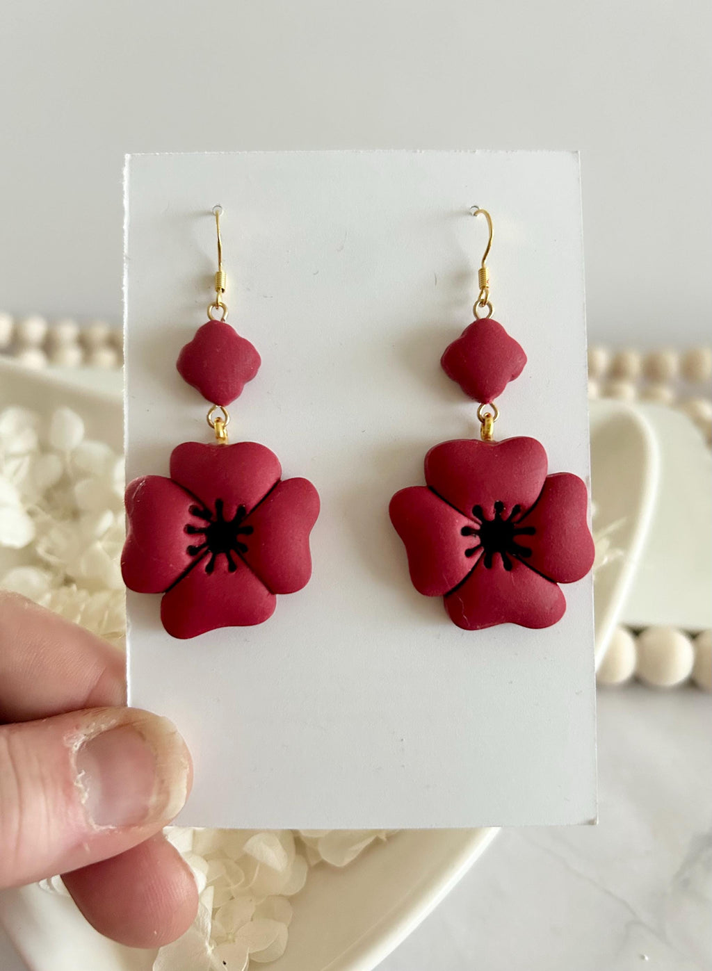 Dark Red Poppy Earrings, Polymer Clay Flora Dangles, Handmade Boho Jewelry Gift