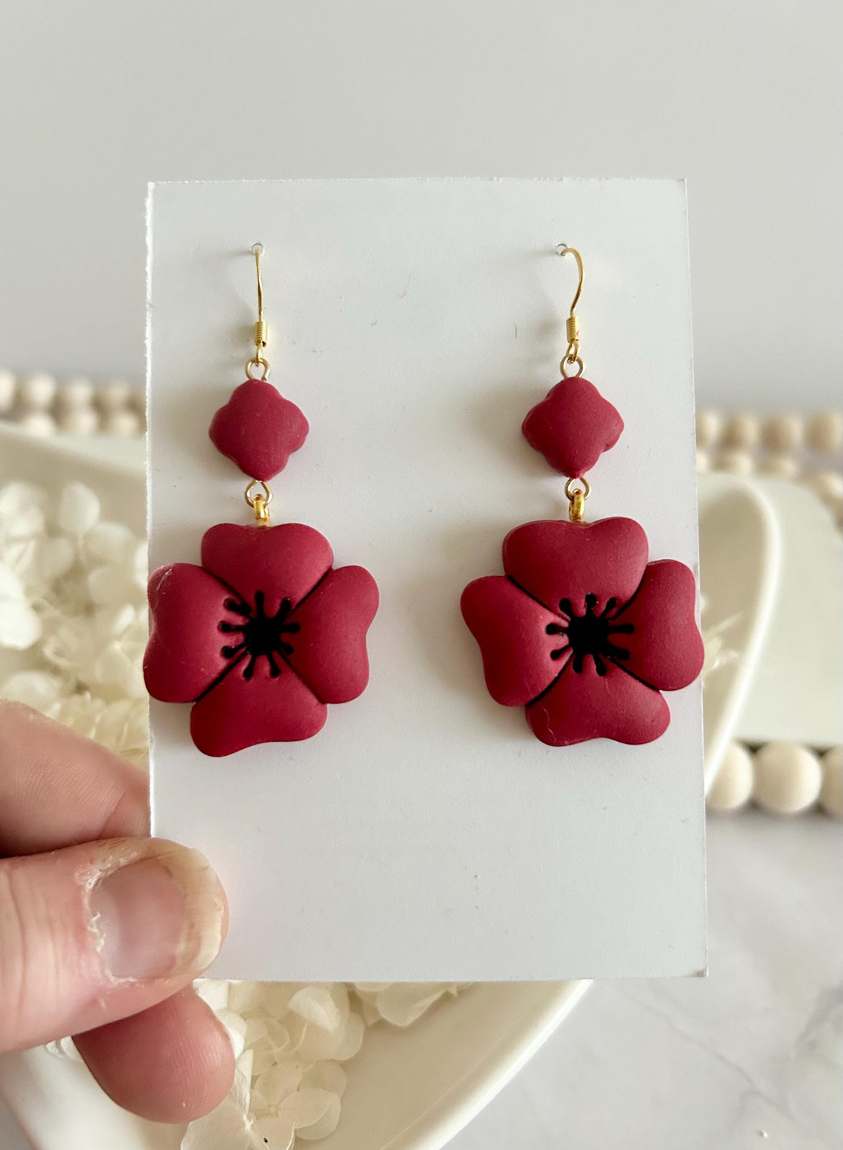 Dark Red Poppy Earrings, Polymer Clay Flora Dangles, Handmade Boho Jewelry Gift