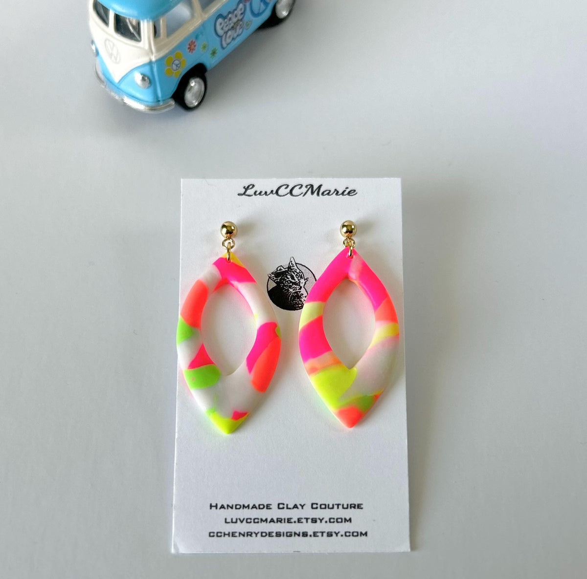 Neon Orange, Yellow, Pink, Green Drop Earrings, Retro Multicolored Clay Dangles, Handmade Jewelry