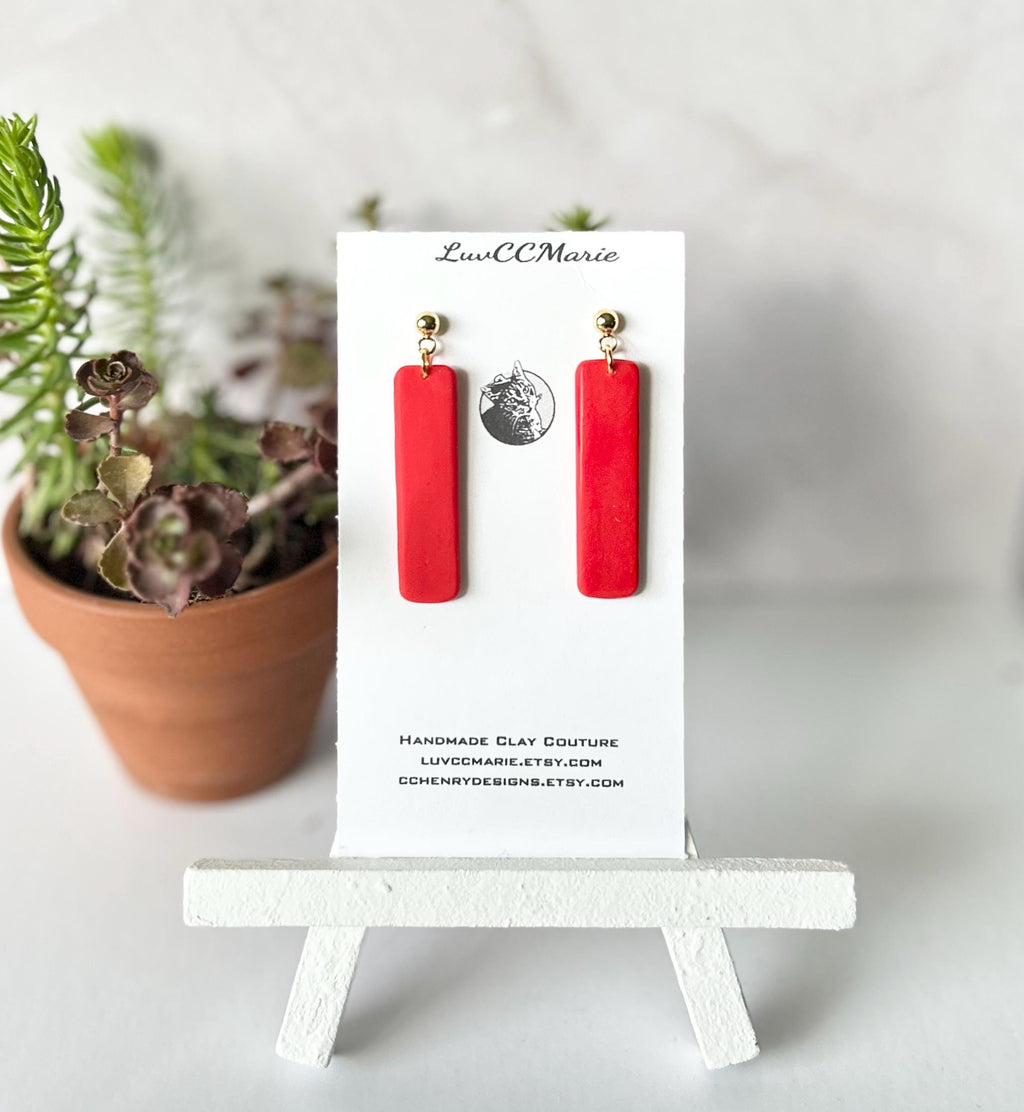 Matte Red Rectangle Earrings, Bright Retro Clay Dangles, Handmade Minimalist Jewelry Gift