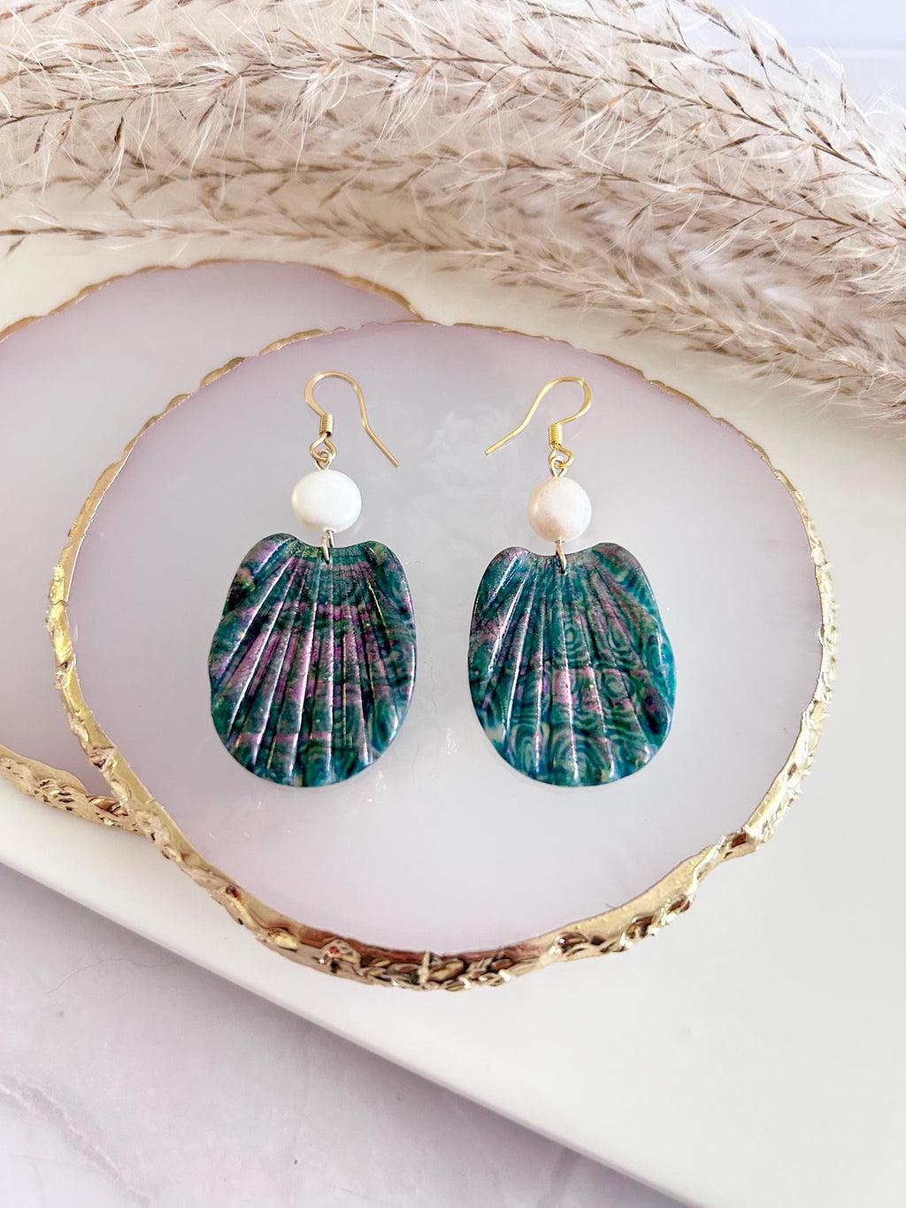 Pearl Shell Dangle Earrings, Abalone Inspired Seashell Dangles, Handmade Clay Coastal Jewelry