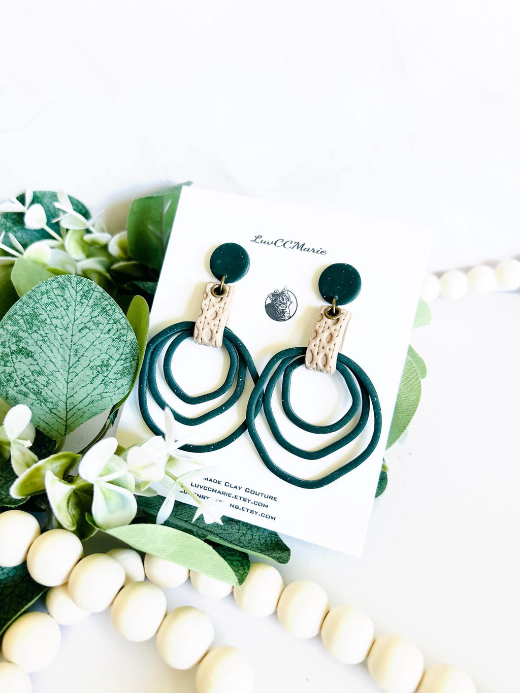 Dark Green Hoop Earrings, Forest Green Large Thin Hoops, Long Hanging Art Nouveau Drops, Unique Artisanal Dangles