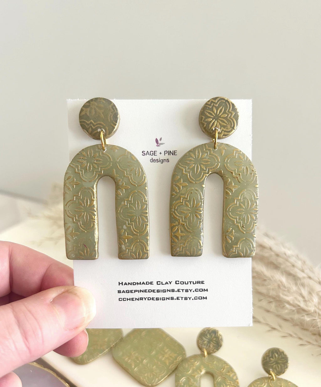 Gold & Sage Drop Studs, Santorini Earrings, Statement Arches, Holiday Jewelry