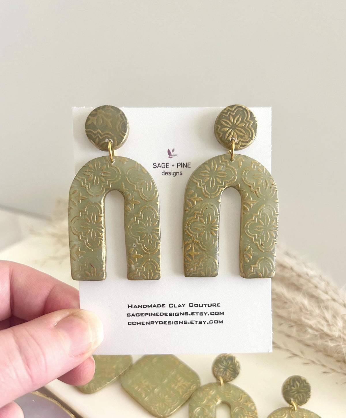 Gold & Sage Drop Studs, Santorini Earrings, Statement Arches, Holiday Jewelry