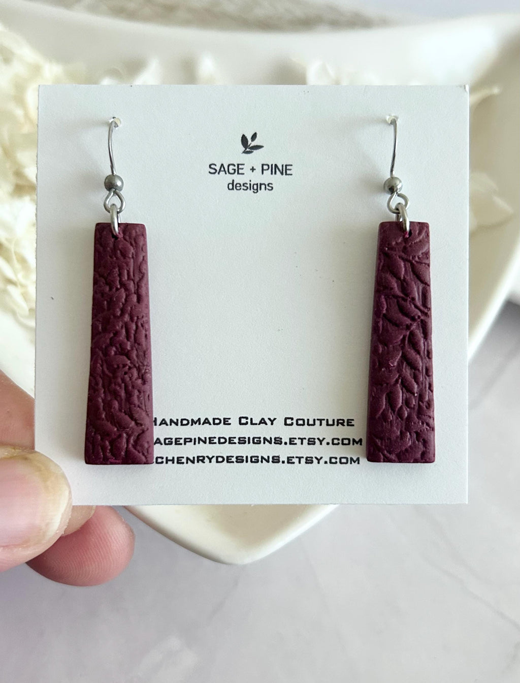 Gold & Burgundy Clay Earrings, Floral Vine Embossed Dangles, Handmade Fashion Boho Jewelry