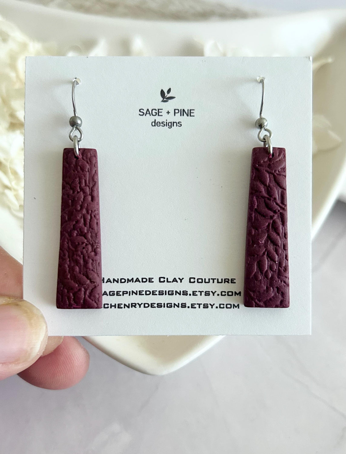 Gold & Burgundy Clay Earrings, Floral Vine Embossed Dangles, Handmade Fashion Boho Jewelry
