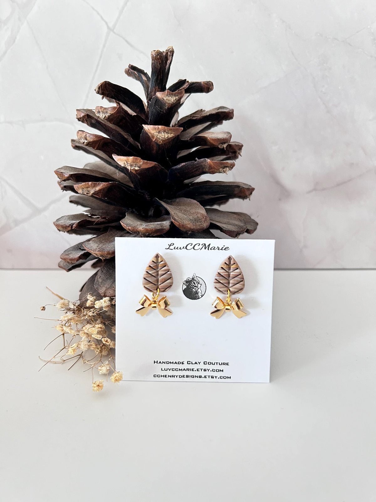 Handmade Leaf Earrings, Neutral Brown Gold Bow Dangles, Boho Lightweight Jewelry