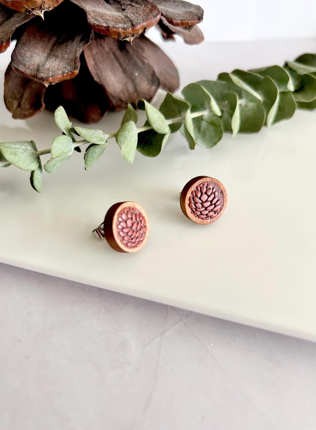 Handmade Pine Cone Stud Earrings: Wood & Clay Fall Boho Jewelry