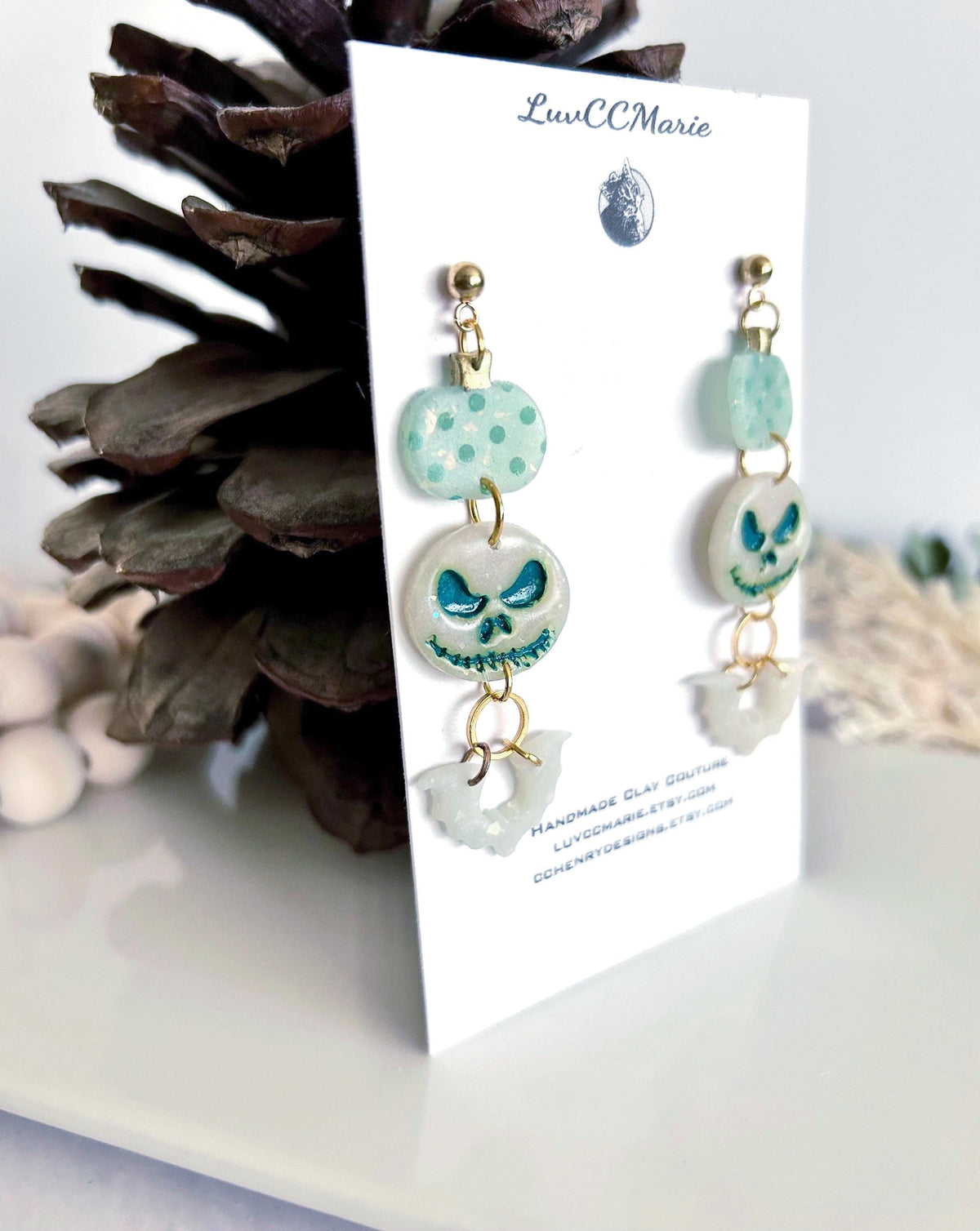 Mint Green Pumpkin Earrings, Skull Bat Long Dangles, Lightweight Hypoallergenic Clay Polka Dot
