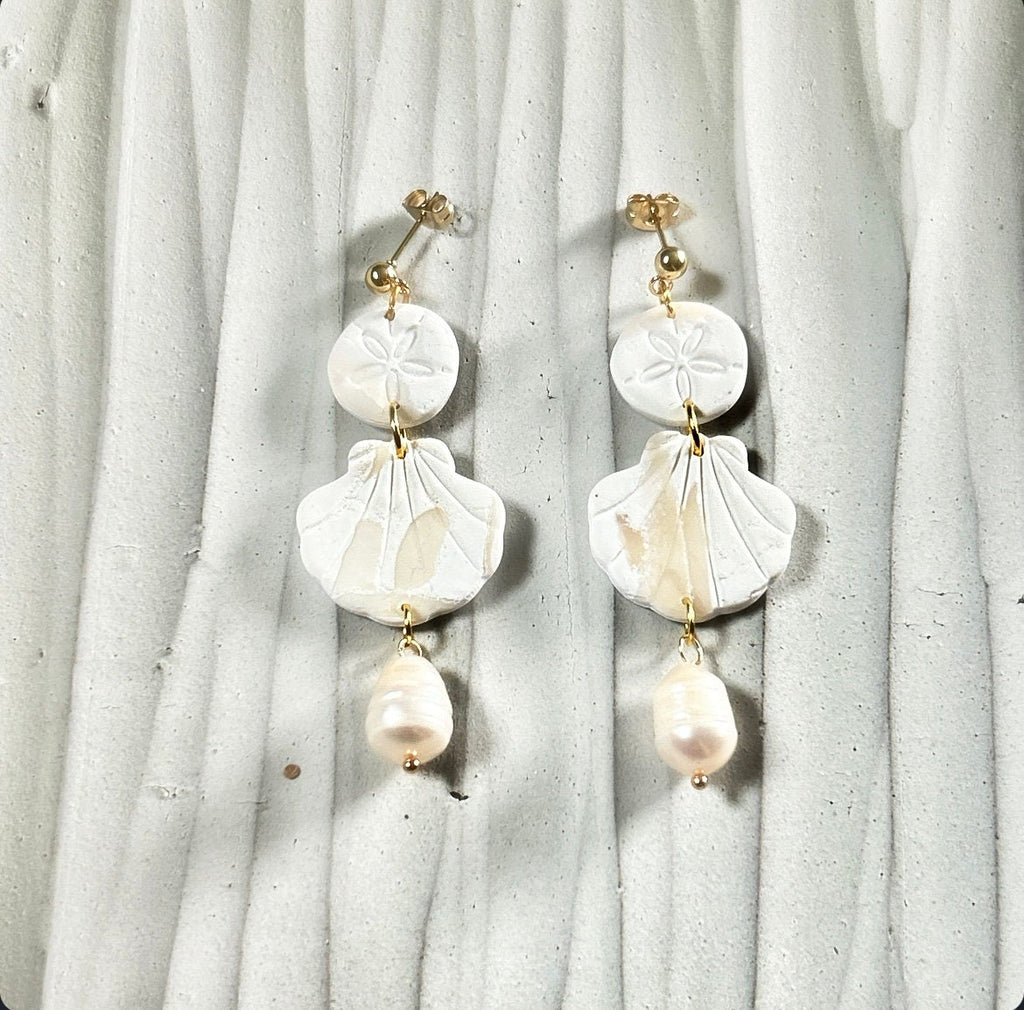 Seashell Earrings, Coastal Vacation Dangles, Beachy Sand Dollar Pearl Handmade Clay Jewelry Gift