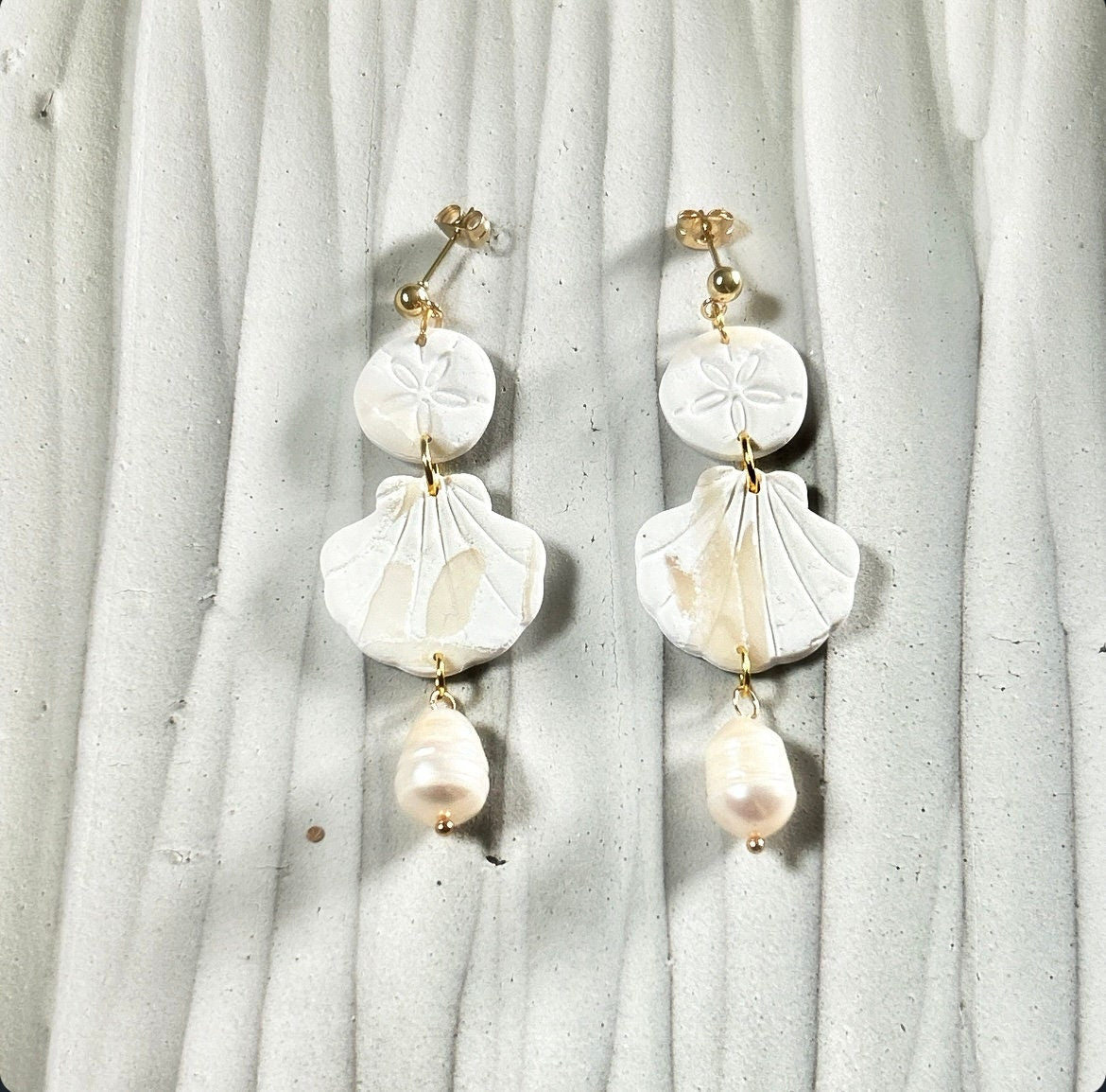 Seashell Earrings, Coastal Vacation Dangles, Beachy Sand Dollar Pearl Handmade Clay Jewelry Gift