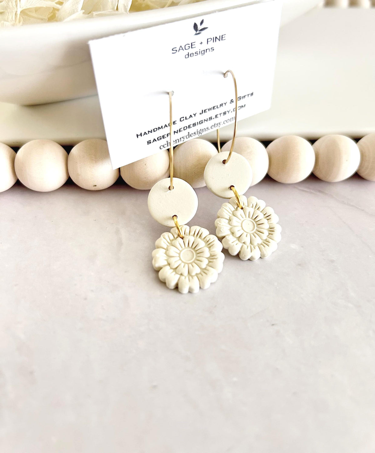 Creamy White Clay Earrings, Floral Embossed Drop Dangles, Handmade Fashion Boho Jewelry