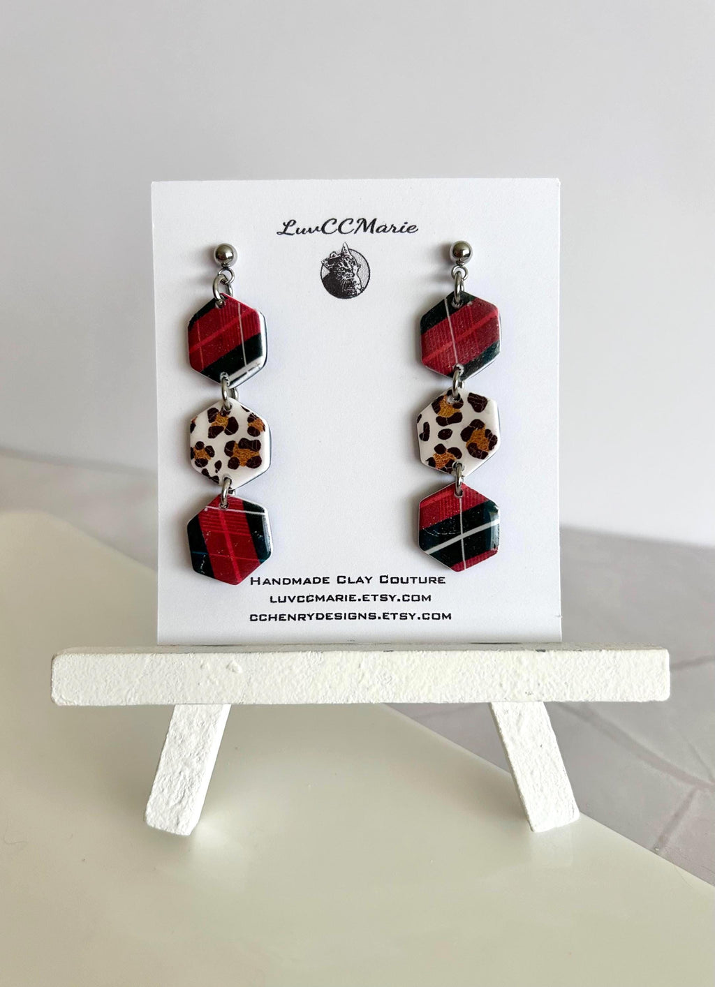 Cheetah Print Plaid Hexagon Daisy Chain Dangle Earrings: Handmade Boho Statement Clay Jewelry