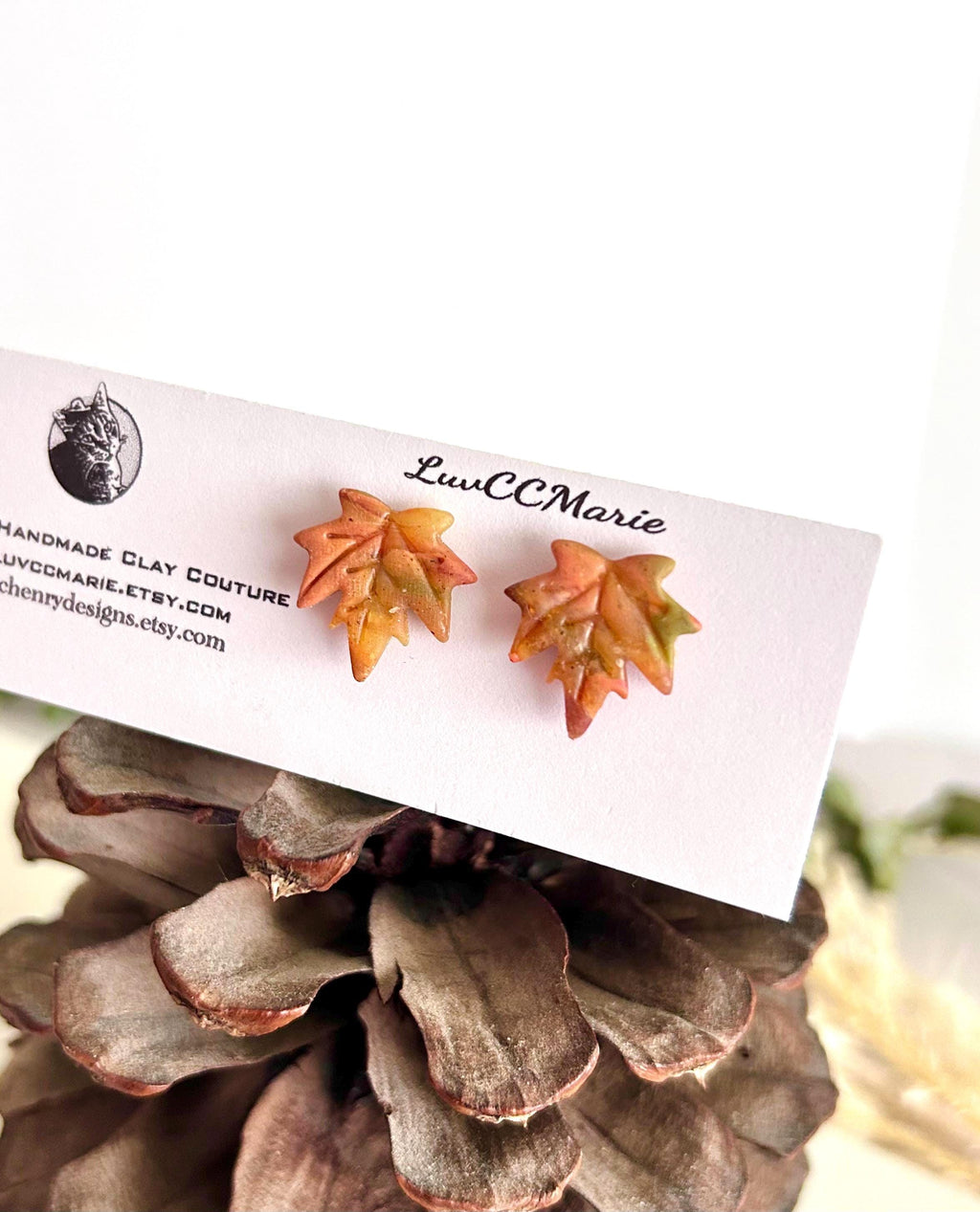 Maple Leaf Stud Earrings, Clay Studs, Handmade Multicolor Fall Jewelry