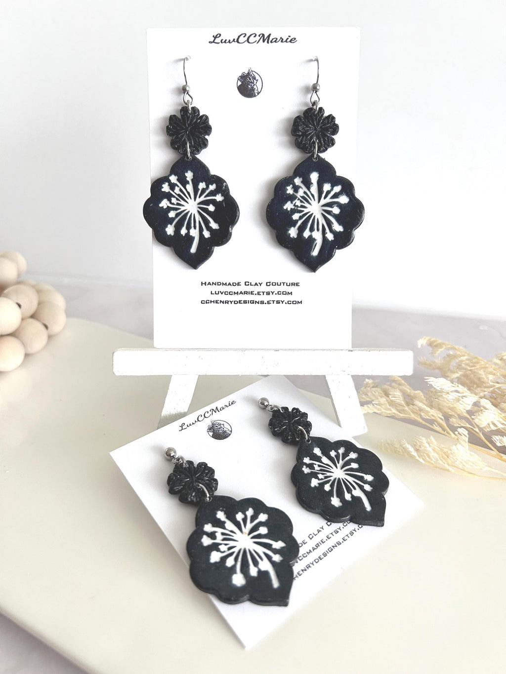 Black Dandelion Statement Earrings, White Floral Clay Dangles, Handmade Jewelry Gift for Her