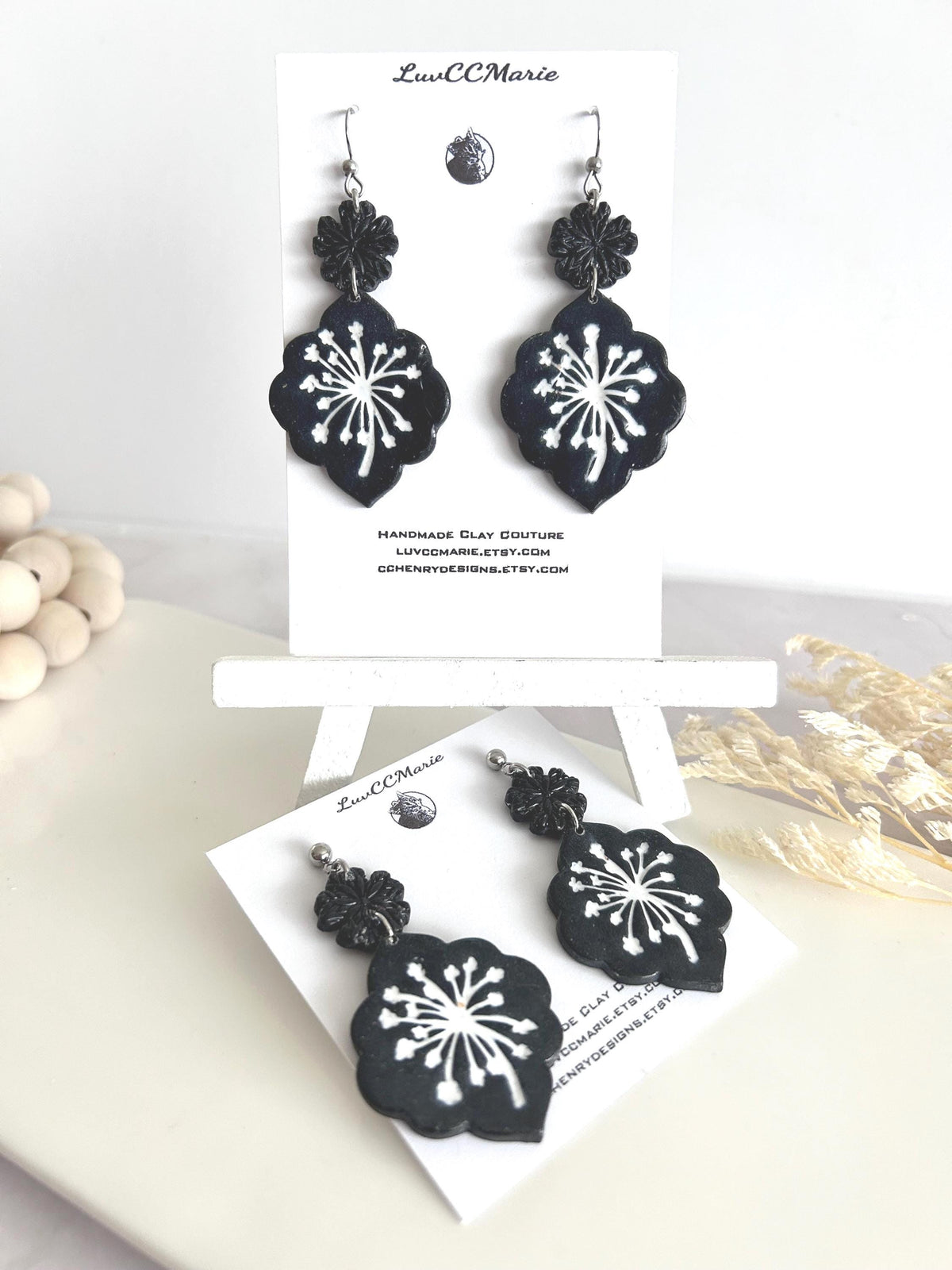 Black Dandelion Statement Earrings, White Floral Clay Dangles, Handmade Jewelry Gift for Her