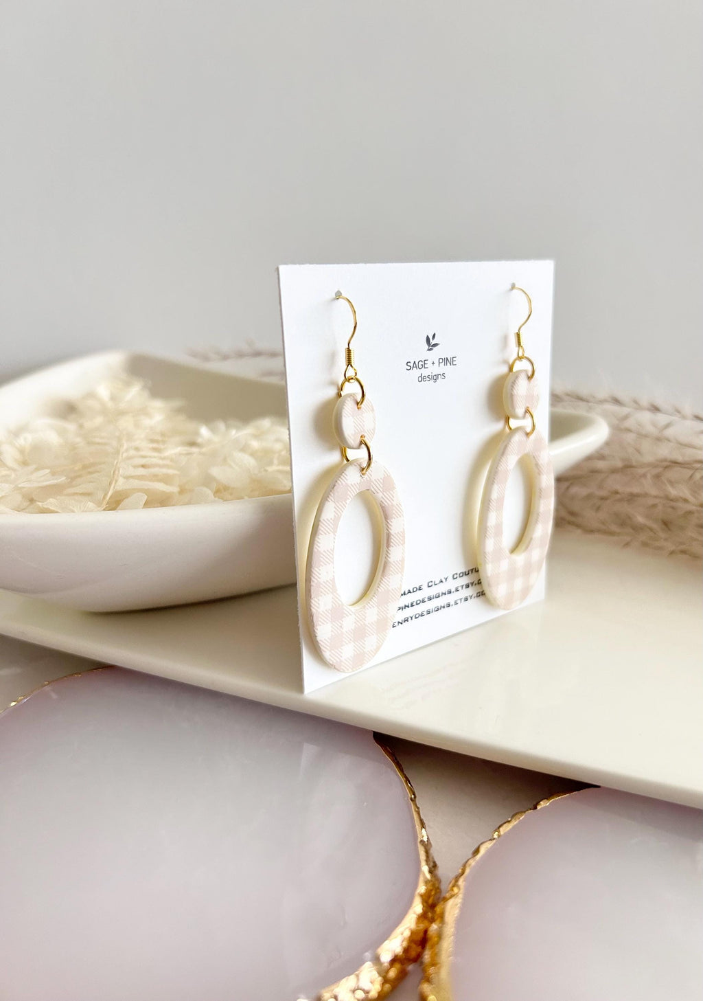 Navy Blue Gingham Check Hoop Dangles, Summer Earrings, Retro Clay Handmade Fashion Jewelry Gift