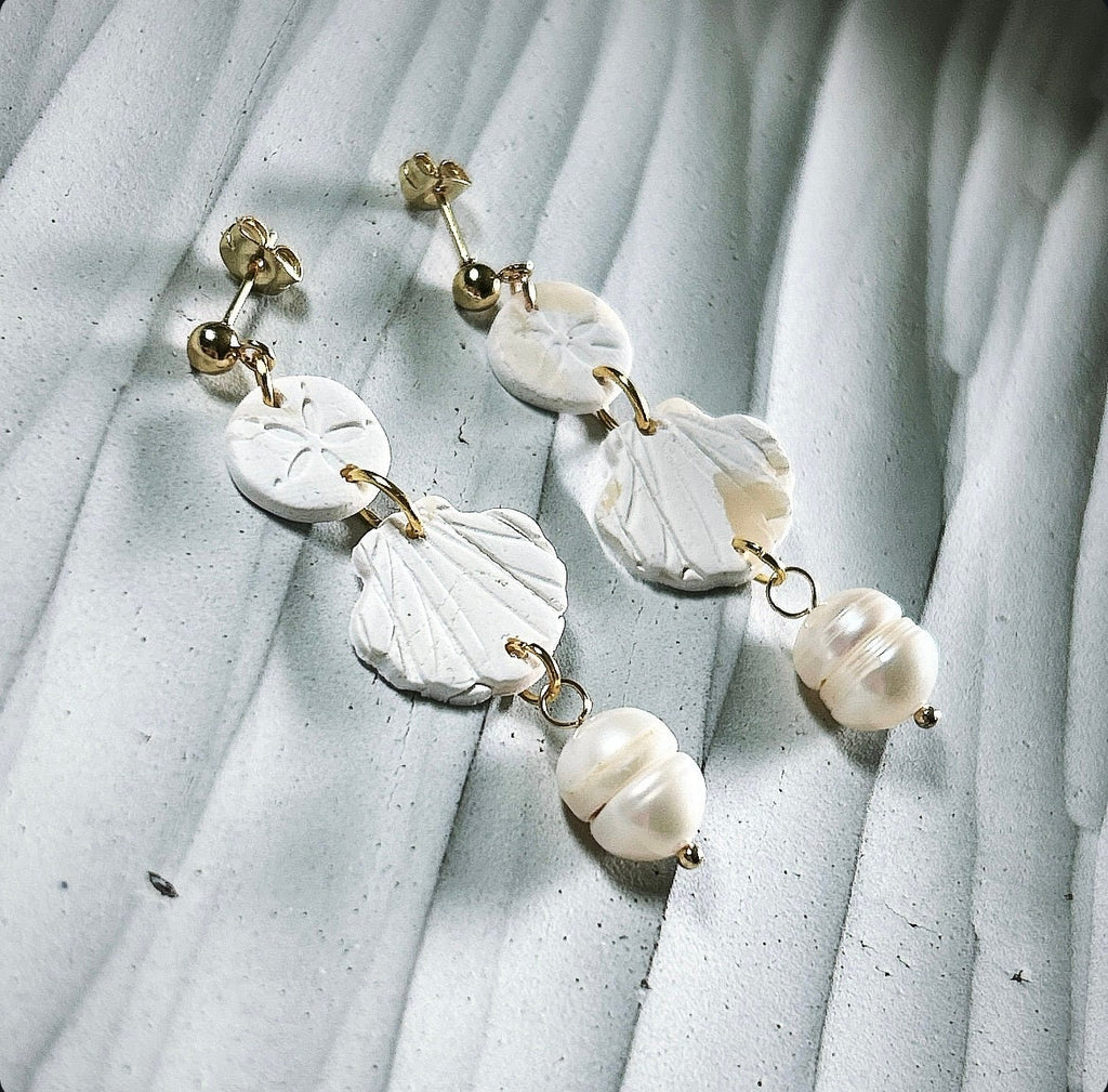 Sea Shell Earrings Clay Dangles, Seashell, Sand Dollar & Pearl Handmade Fashion Boho Jewelry