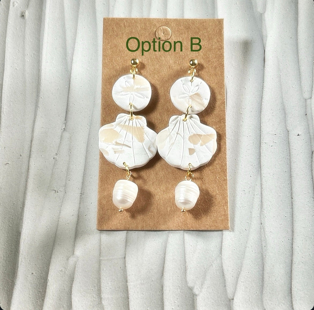 Seashell Earrings, Coastal Vacation Dangles, Beachy Sand Dollar Pearl Handmade Clay Jewelry Gift