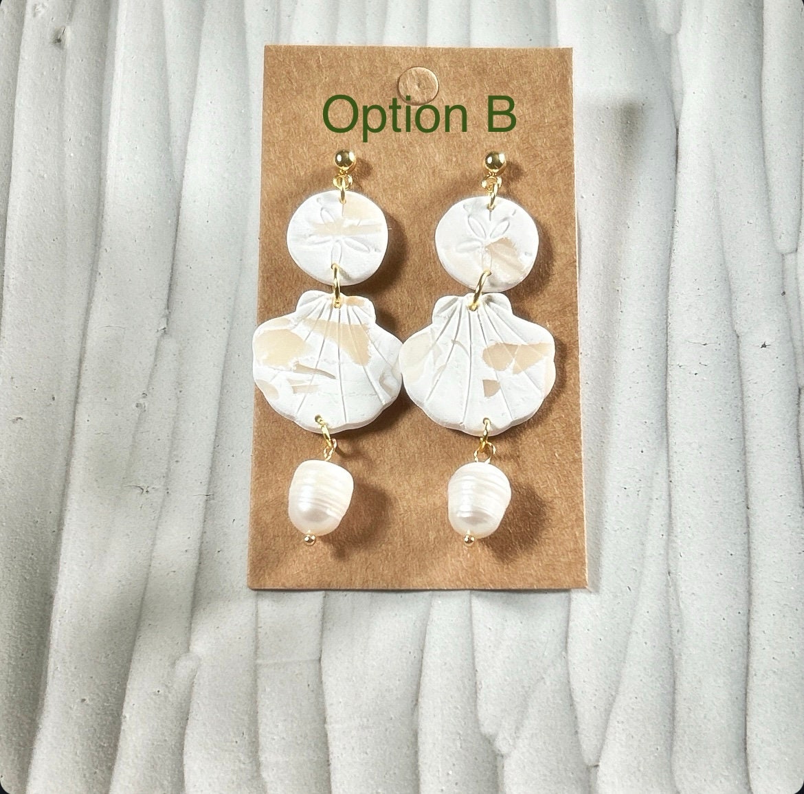 Seashell Earrings, Coastal Vacation Dangles, Beachy Sand Dollar Pearl Handmade Clay Jewelry Gift