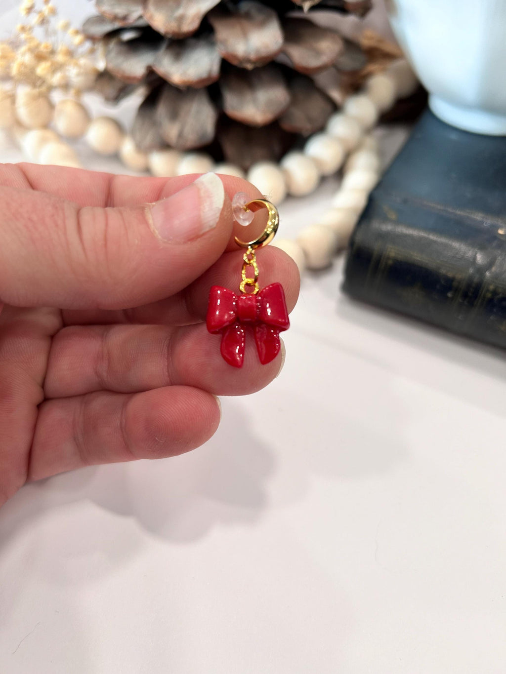 Red Clay Bow Knot Holiday Earrings, Hypoallergenic Dangles