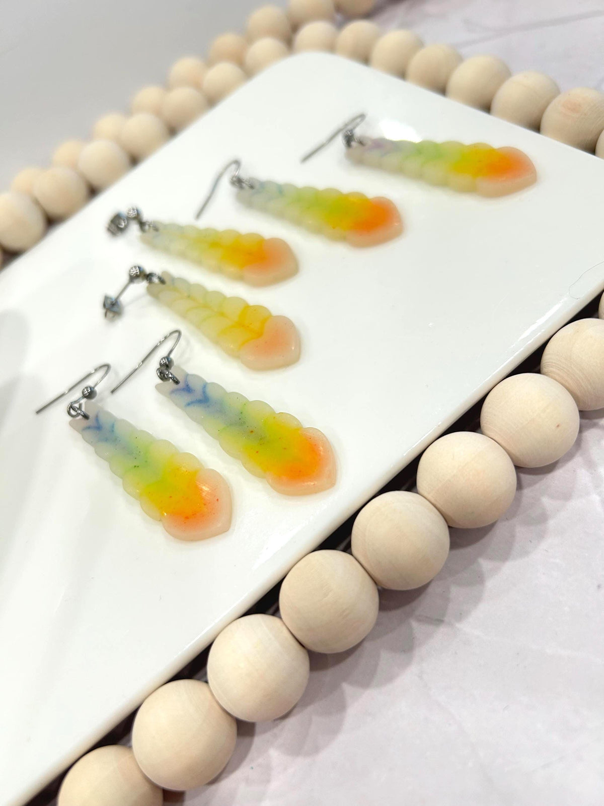 Neon Rainbow Pride Earrings, 80s Long Heart Dangles, Handmade Clay Jewelry Gift