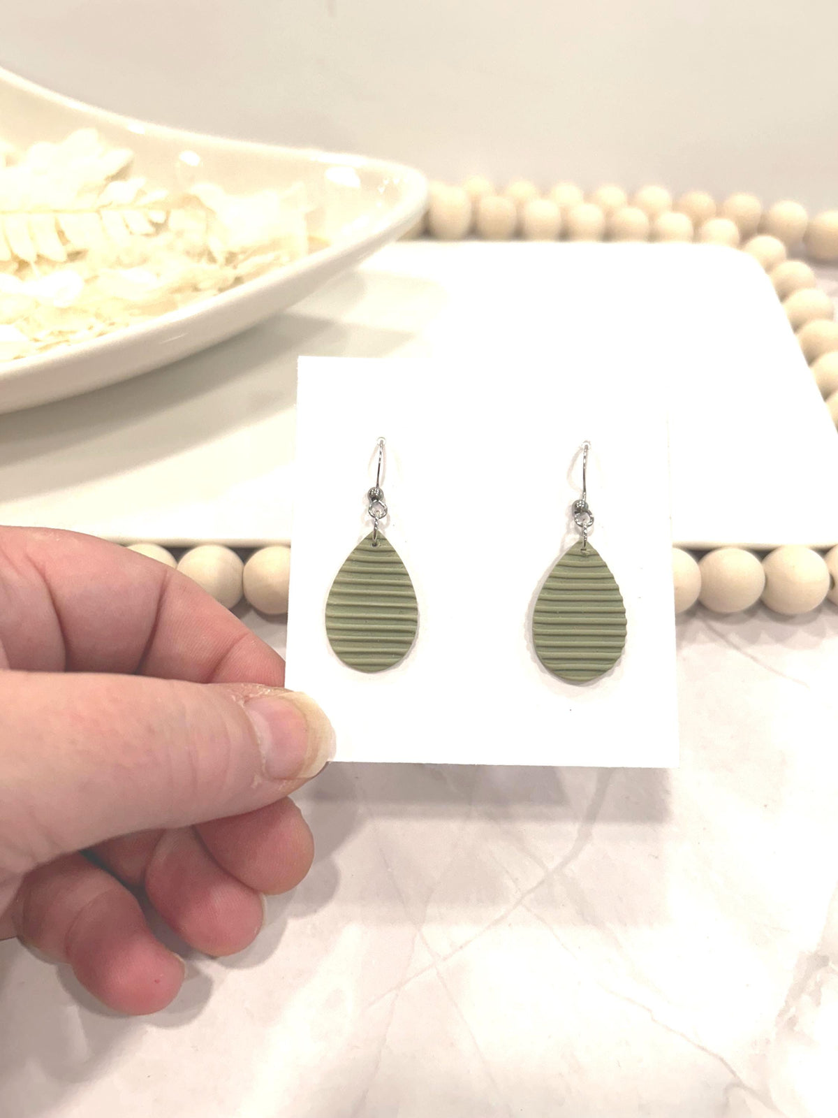 Sage Green Clay Earrings: Boho Teardrop Post Dangles, Stainless Steel Hypoallergenic Studs