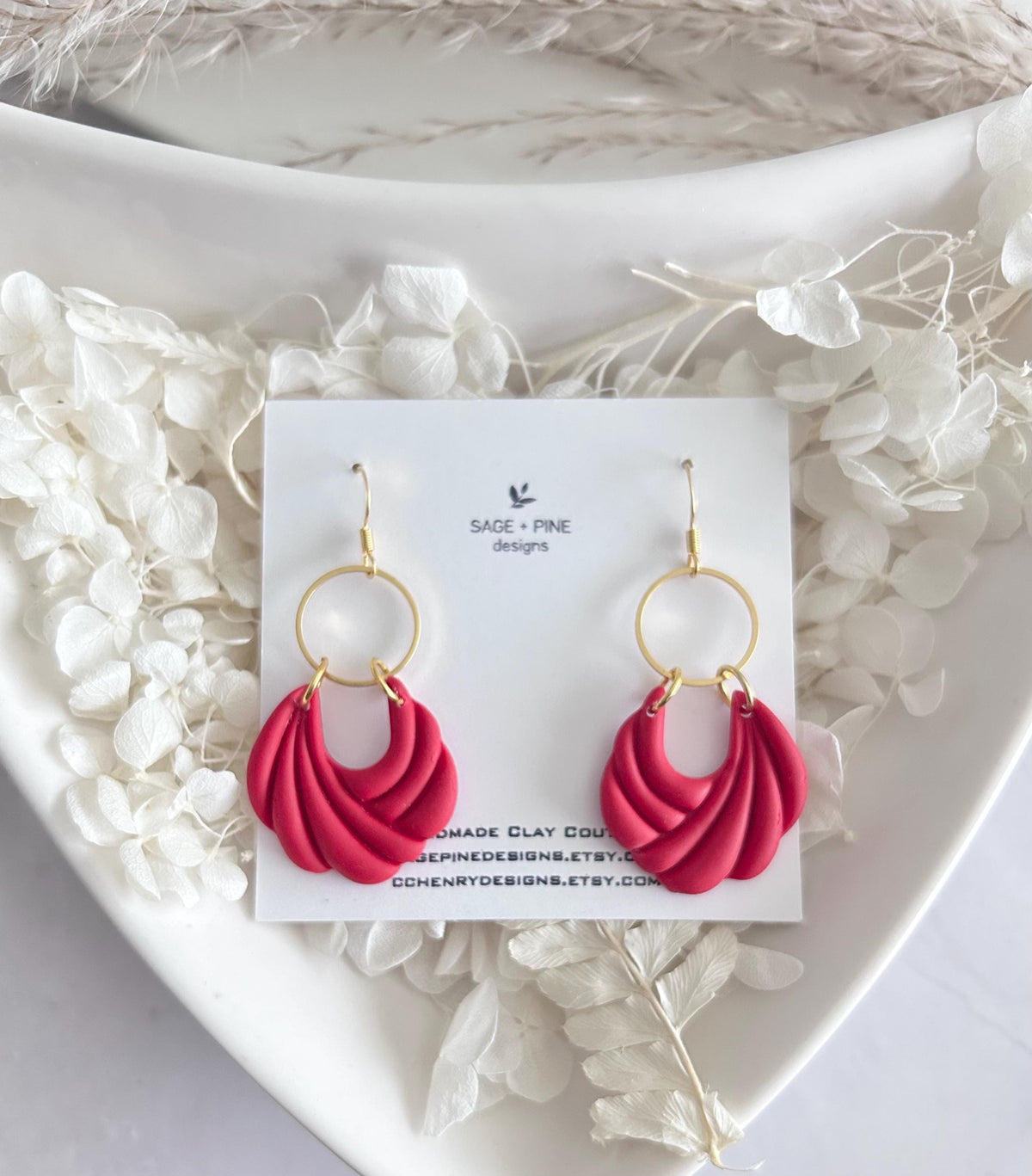Vibrant Red Clay Dangle Hoop Earrings, Modern Dangles, Lightweight Handmade Polymer Jewelry