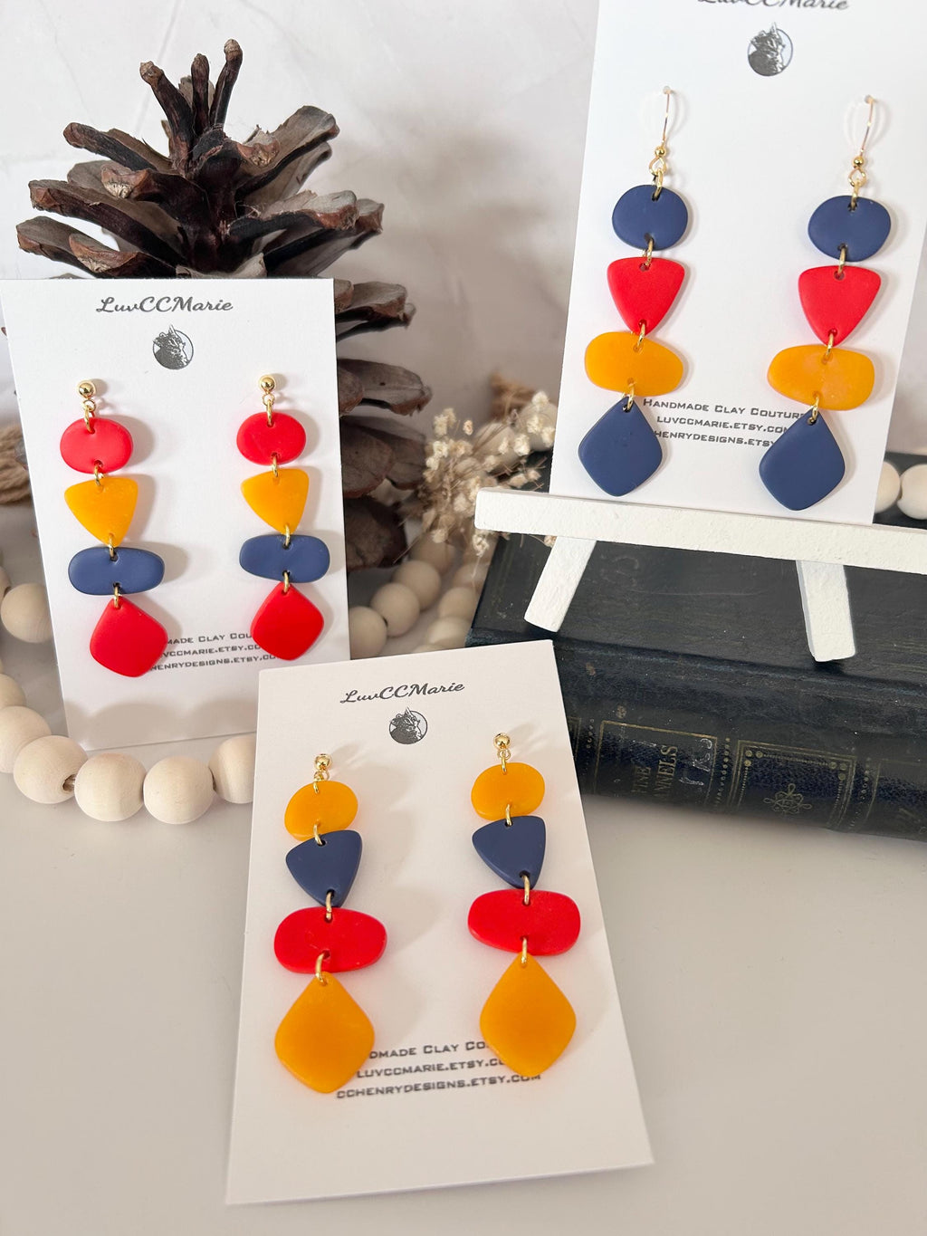 Multicolor Polymer Clay Geometric Earrings, Navy Orange Red, Handmade Fashion Jewelry Gift