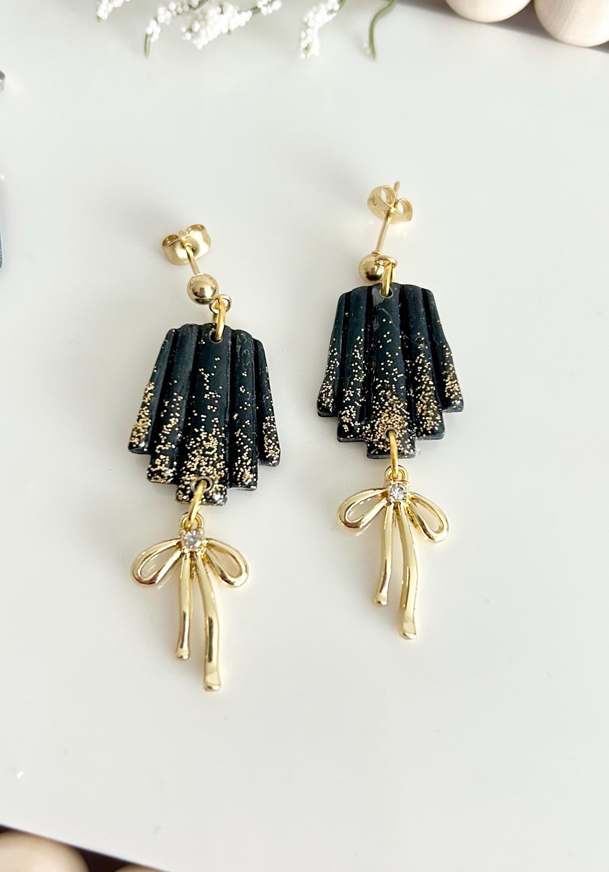 Sparkly Dangles, Bow Earrings, Modern Wedding Clay Jewelry, Handmade Gift For the Bride