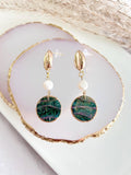 Seashell Cowrie Pearl Earrings, Coastal Vacation Faux Abalone Drop Dangles, Handmade Clay Jewelry