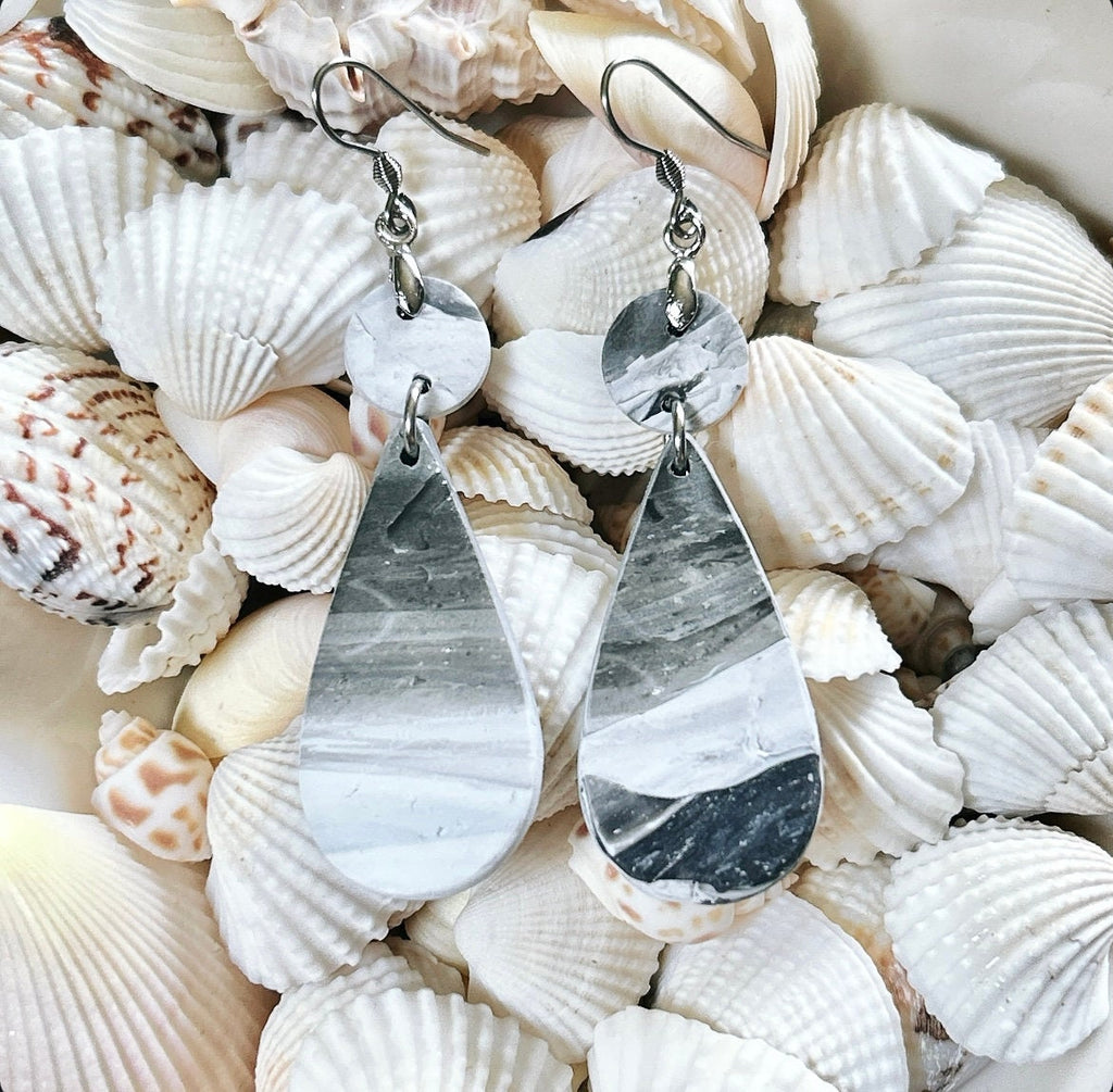 Black and White Marbled Earrings, Stainless Steel Clay Dangles, Boho Jewelry