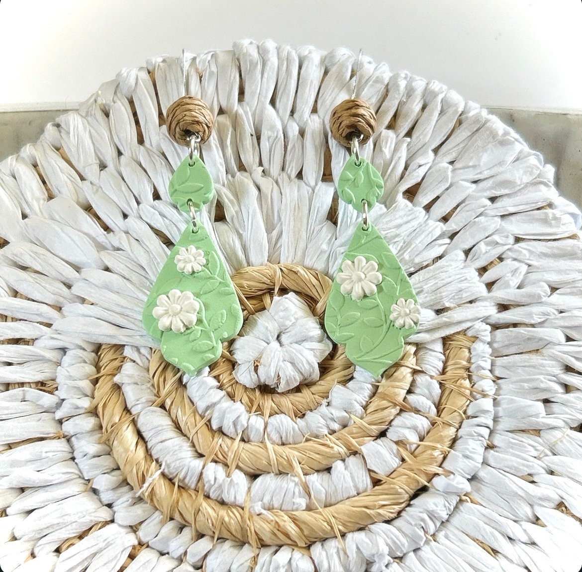Green and White Daisy Earrings, Clay Drop Long Dangles, Handmade Floral Flower Jewelry