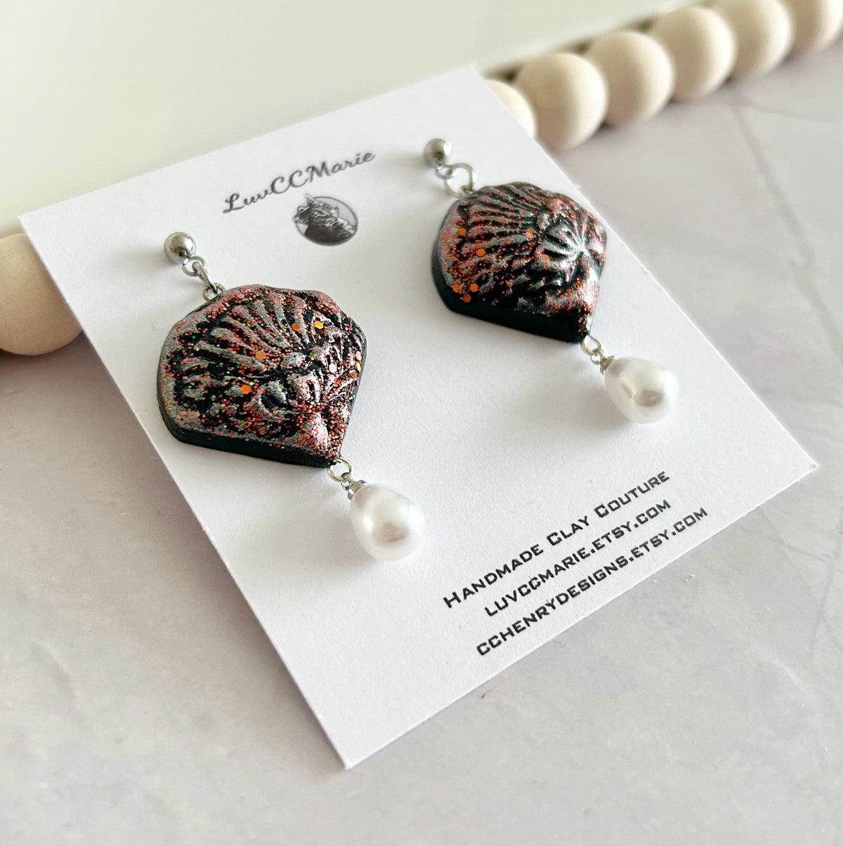 California Poppy Flower Clay Earrings, Abstract Floral Pearl Dangles, Handmade Jewelry Gift for Her