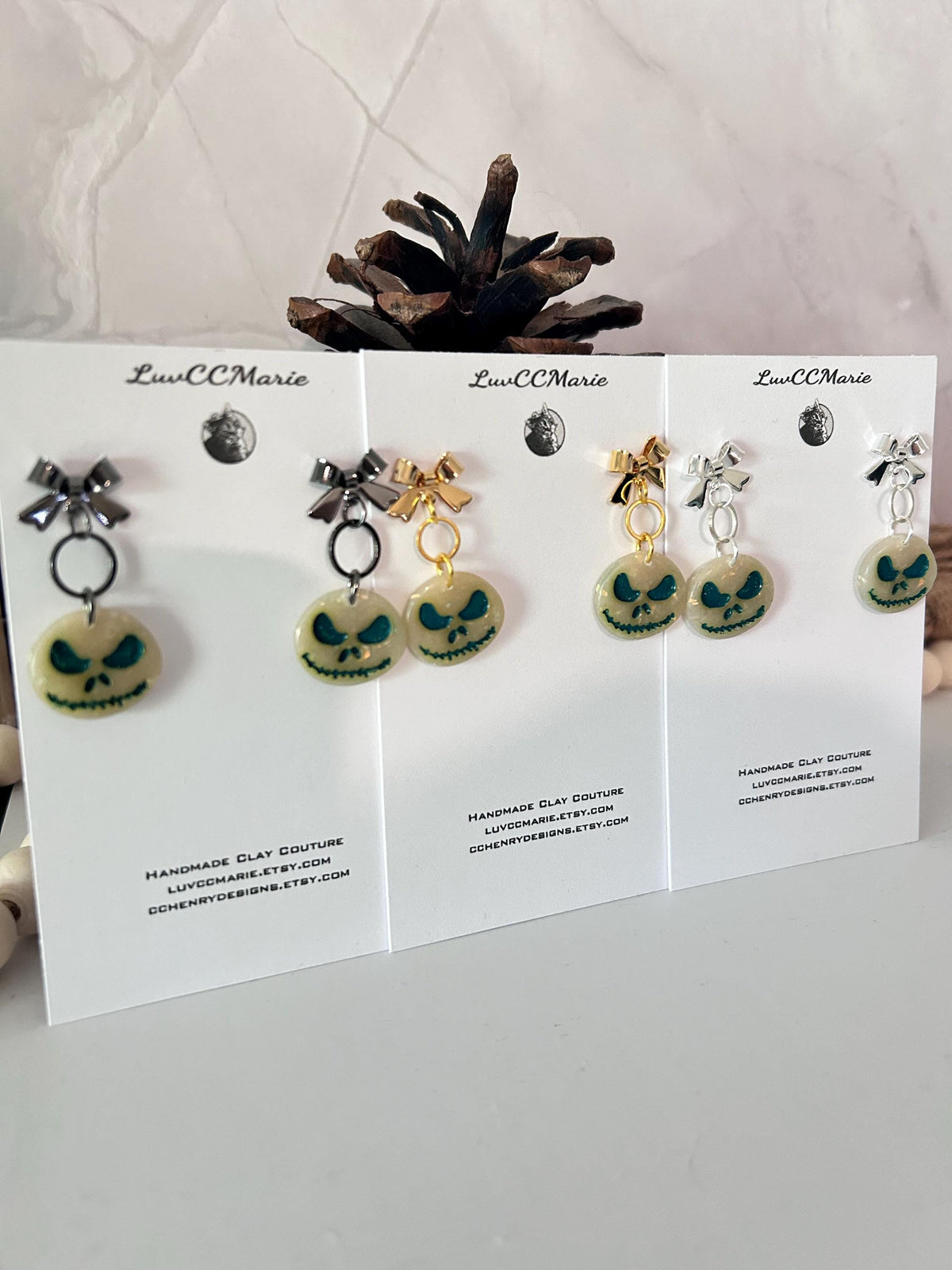 Green Skull Earrings, Bow Stud Drop Dangles, Opal Jack Handmade Jewelry