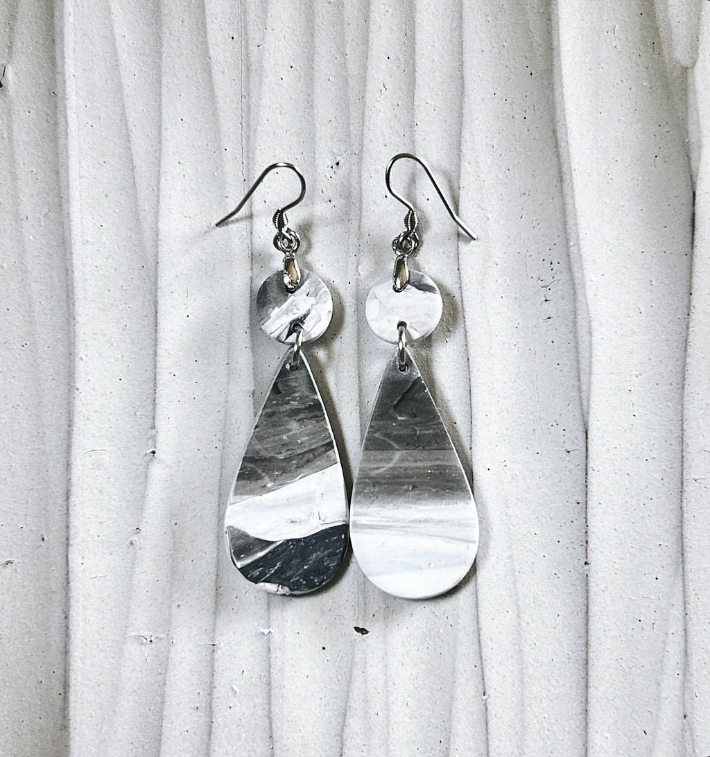 Black and White Marbled Earrings, Stainless Steel Clay Dangles, Boho Jewelry