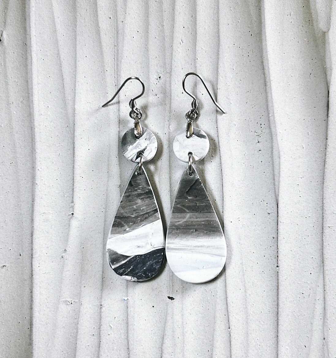 Black and White Marbled Earrings, Stainless Steel Clay Dangles, Boho Jewelry