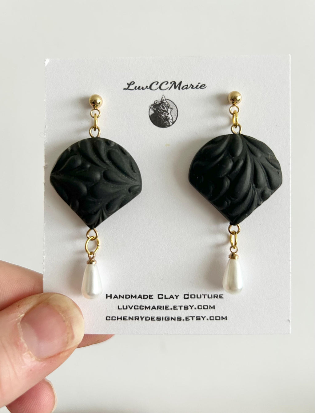 Dark Red or Matte Black Pearl Earrings, Clay and Gold Floral Jewelry Handmade Gift