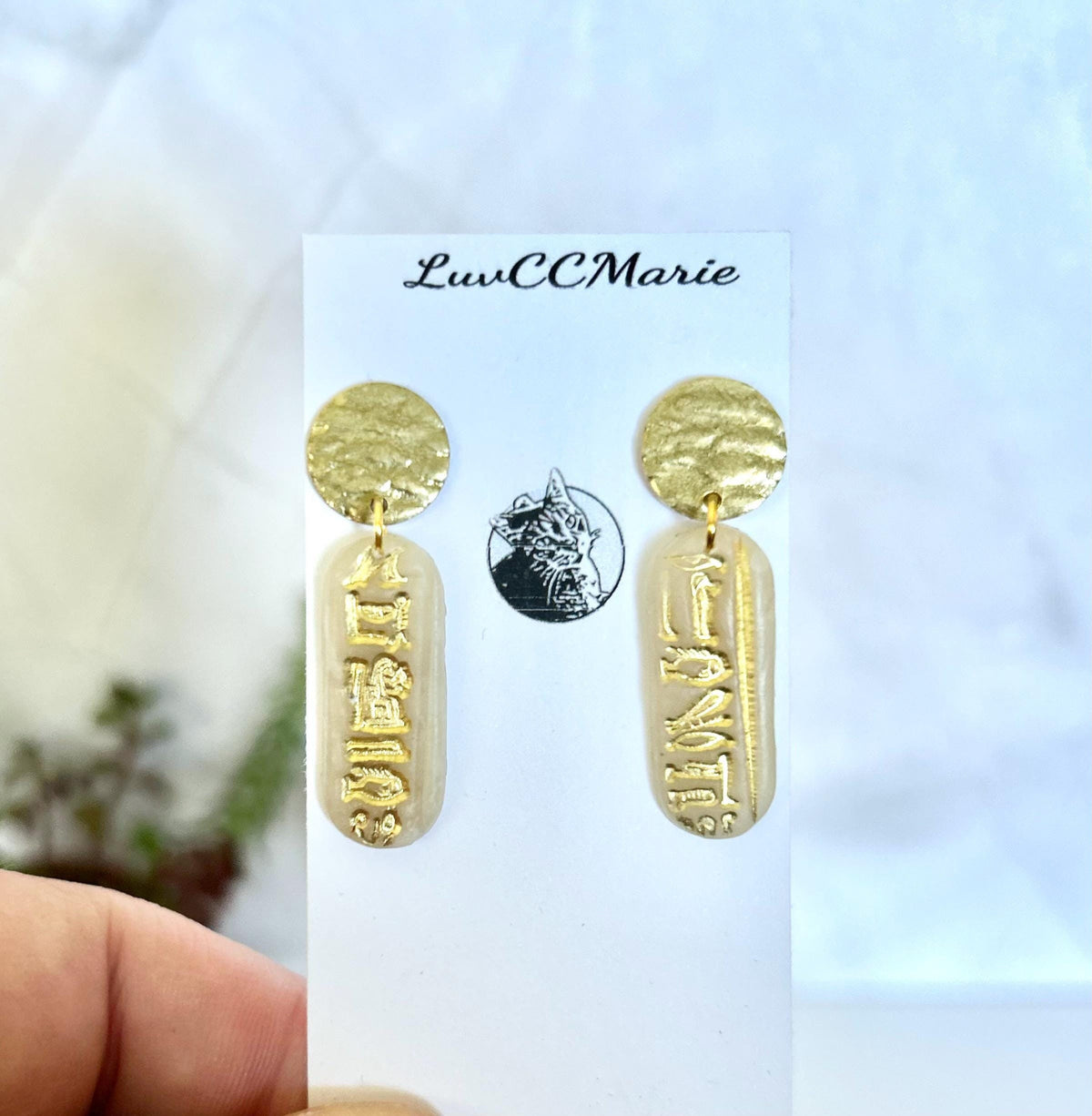 Egypt Earrings, Cartouche Bar Dangles, Egyptian Hieroglyph Clay Jewelry