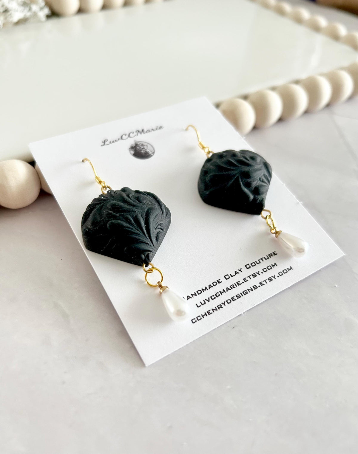 Dark Red or Matte Black Pearl Earrings, Clay and Gold Floral Jewelry Handmade Gift