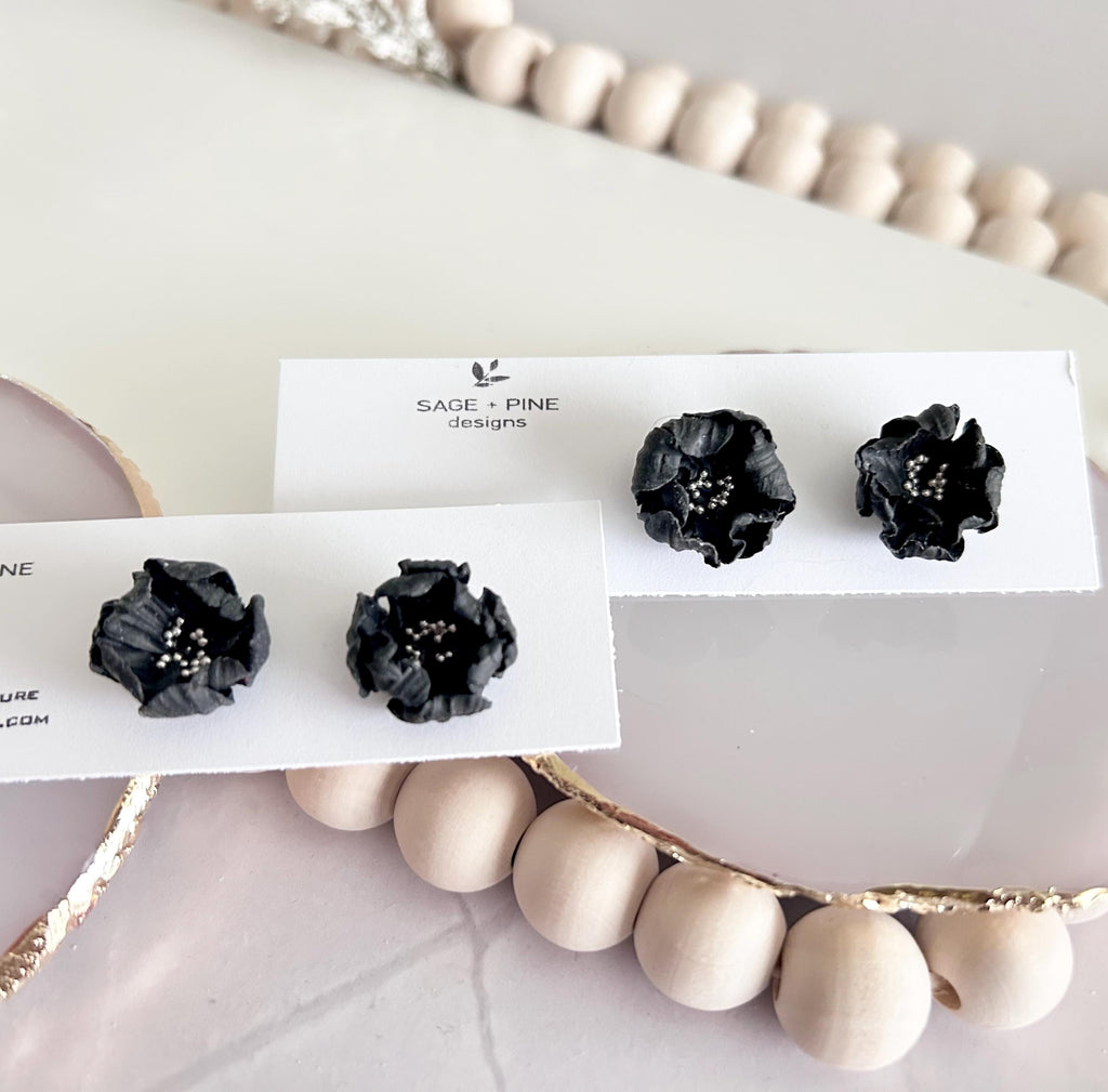Black Flower Stud Earrings, Big Floral Post Studs, Unique Garden Jewelry Gift